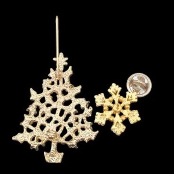 Christmas Tree and Snowflake Brooch Gold Tone White Glitter Enamel Rhinestones - Picture 3 of 9